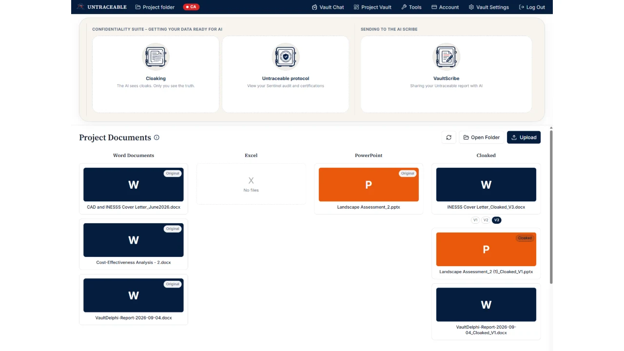 An Untraceable project folder. Across the top, three entry points: Cloaking, the Untraceable protocol audit, and VaultScribe. Below, project documents grouped by type (Word, Excel, PowerPoint), and a separate Cloaked column holding the cloaked counterparts, one of them with version pills V1, V2 and V3. A region badge in the header reads CA.
