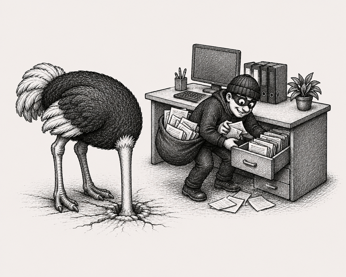 An ostrich buries its head in the sand beside a masked figure quietly emptying an office desk drawer of documents