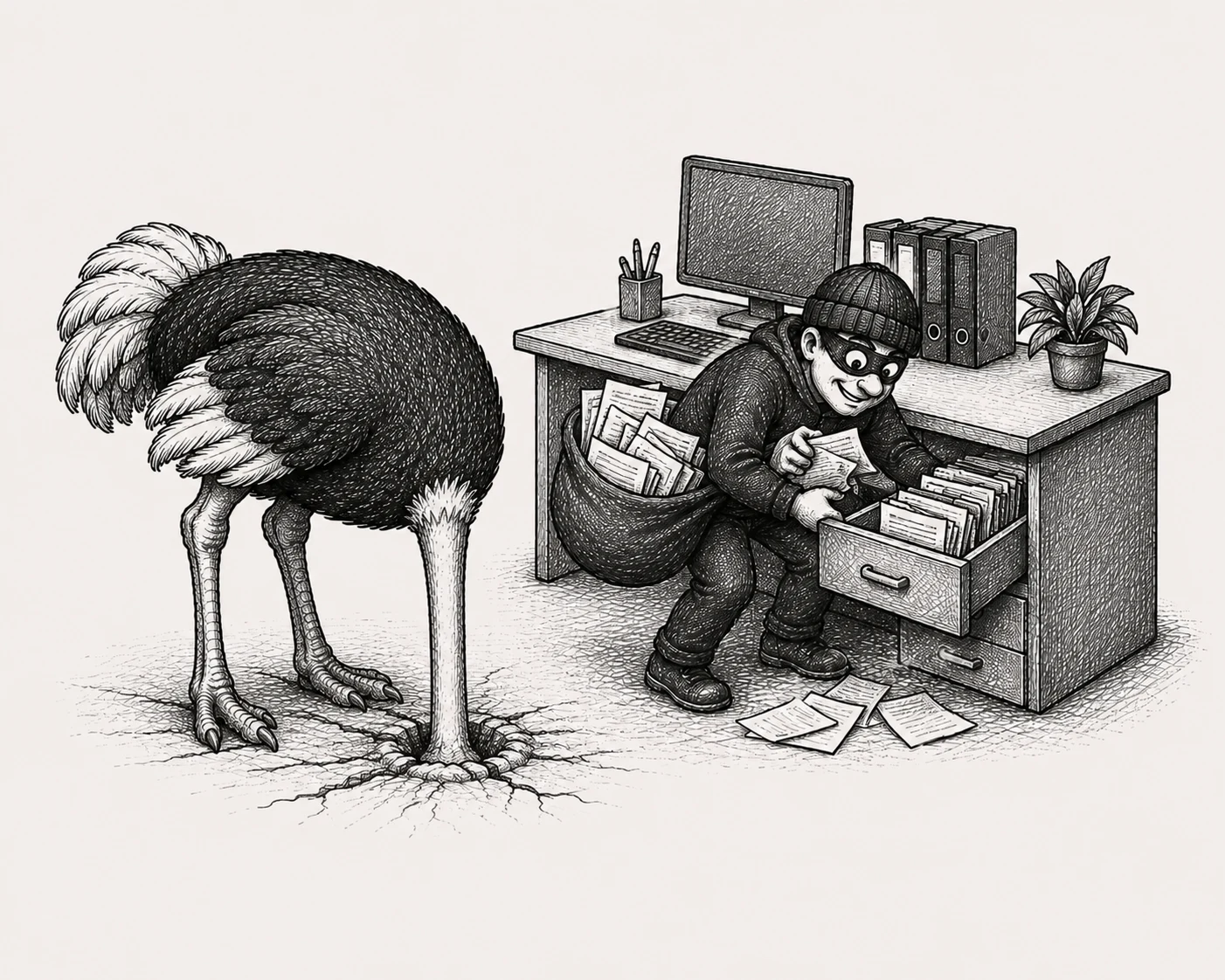 An ostrich buries its head in the sand beside a masked figure quietly emptying an office desk drawer of documents