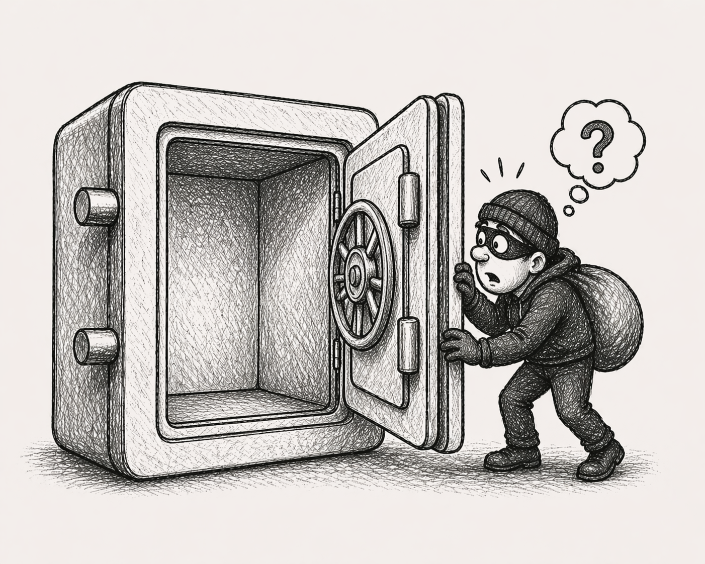 A masked thief opens the vault and finds it empty