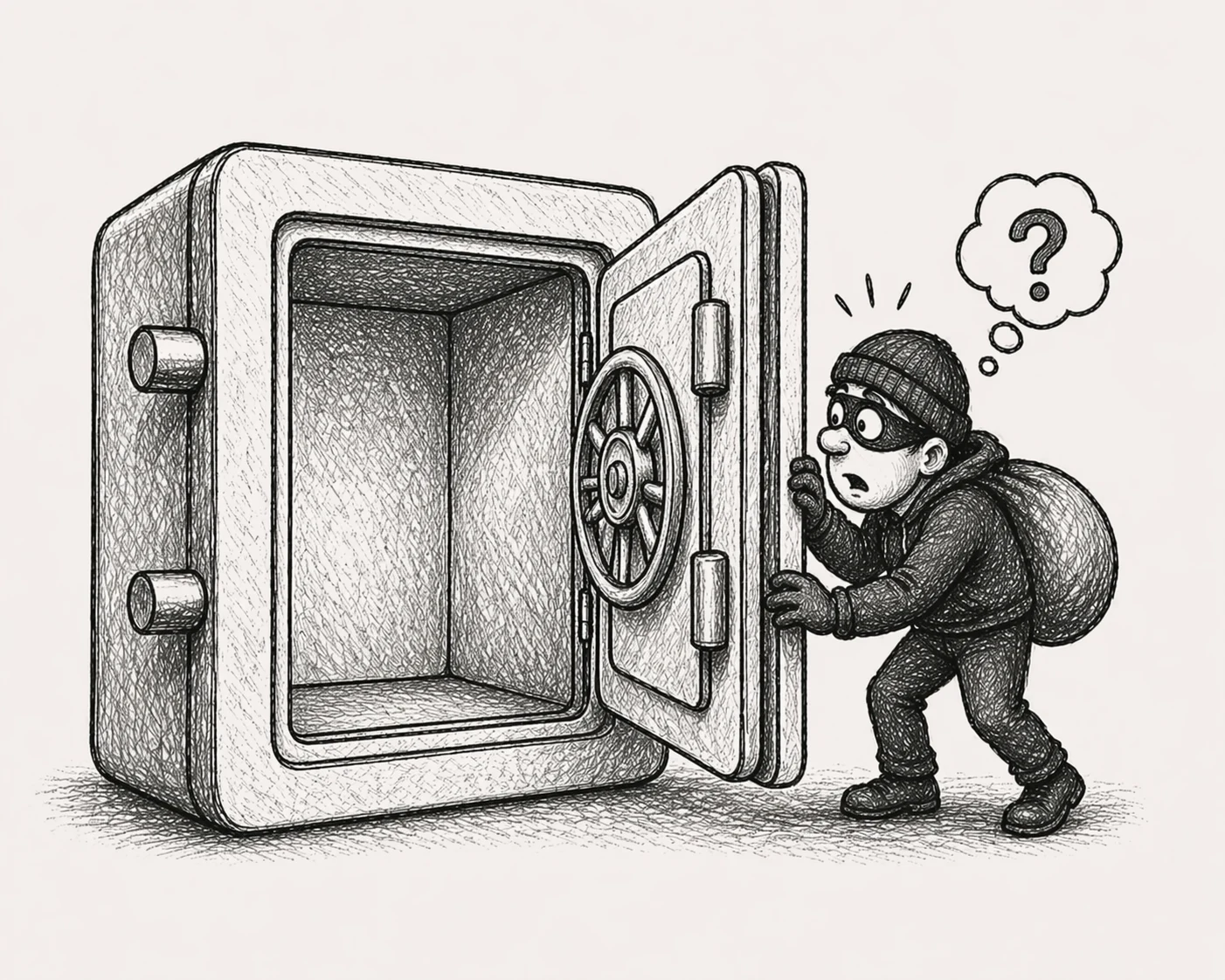 A masked thief opens the vault and finds it empty