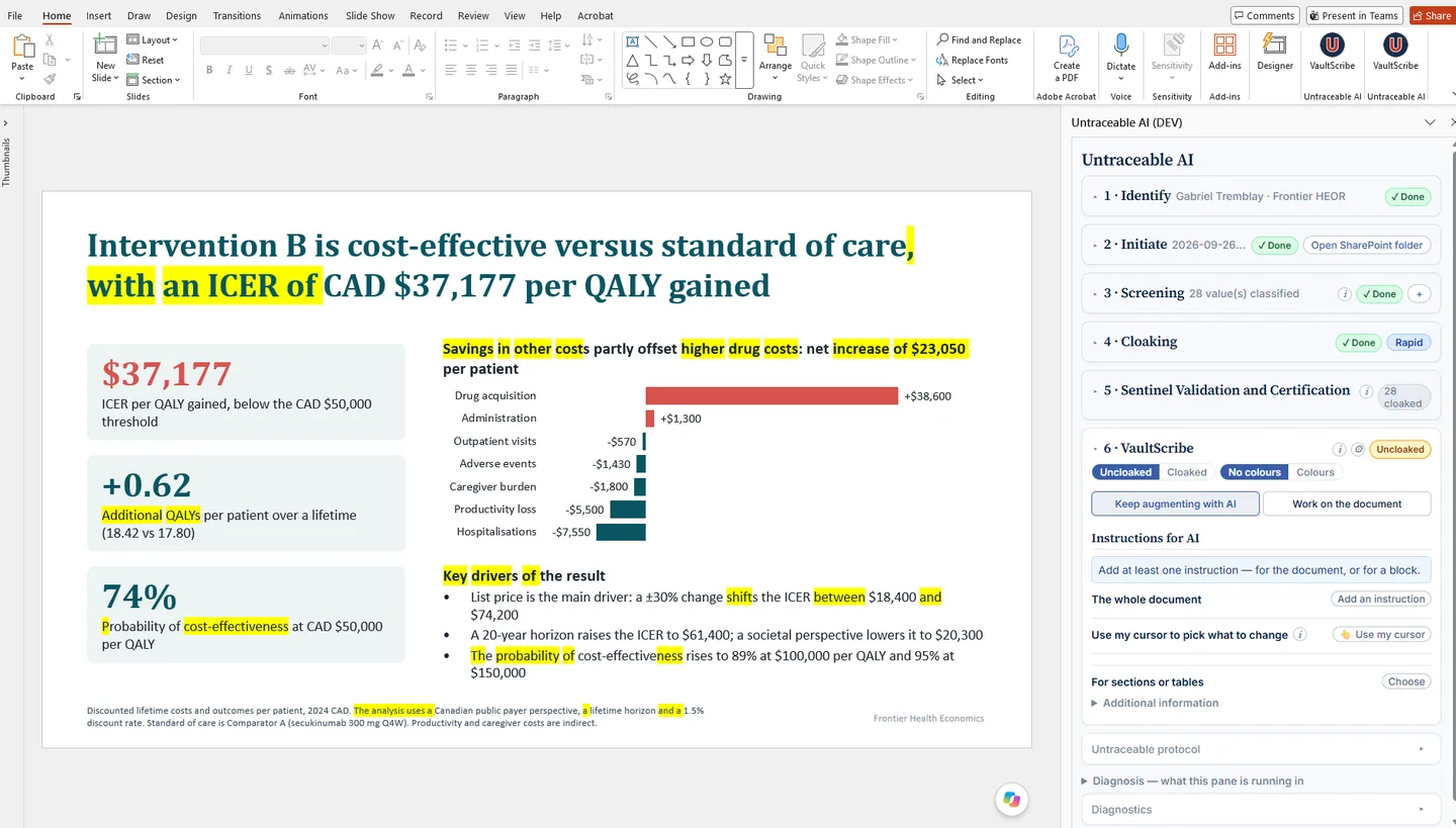 The same PowerPoint slide after the AI has worked on it, with every edit highlighted in yellow and the real figures restored in place of the cloaks