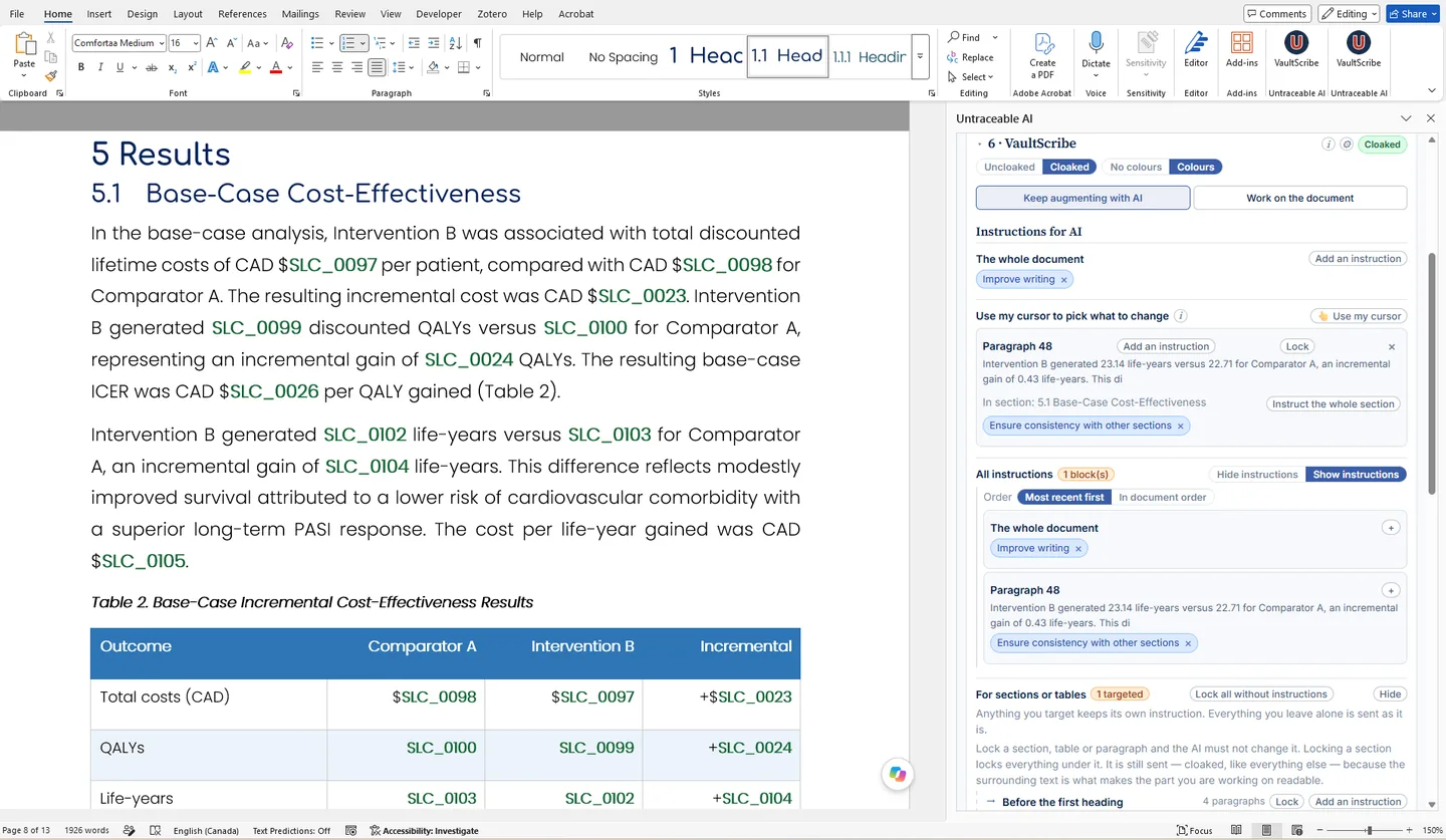 The VaultScribe task pane open beside a cost-effectiveness report in Microsoft Word, with every figure replaced by an SLC cloak and per-paragraph instructions for the AI
