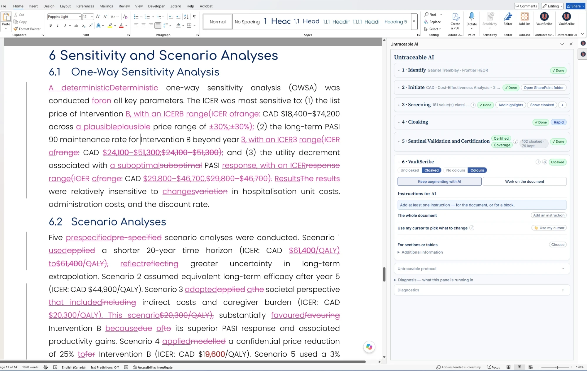 The same report in Microsoft Word after VaultScribe has written back: the AI's rewrites appear as Word tracked revisions in the margin, with the real figures restored, while the pane shows the cloaking and certification steps complete